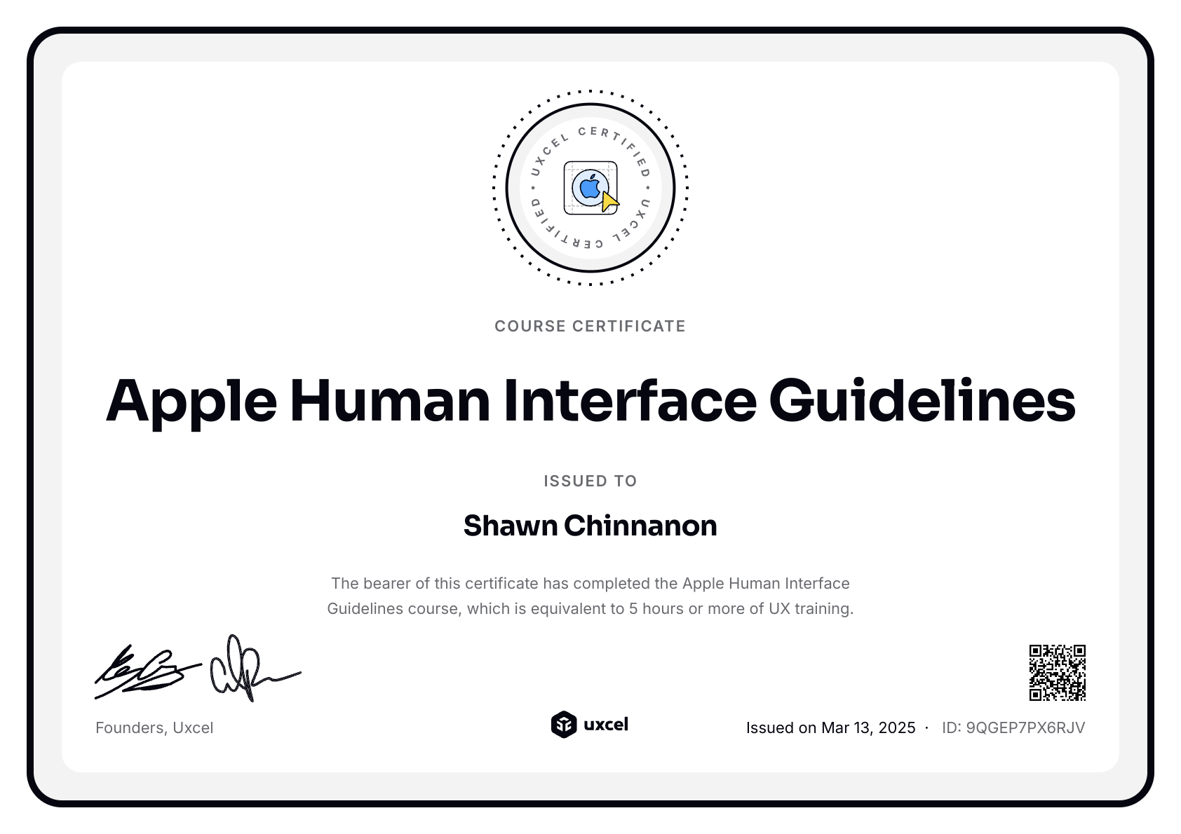 Shawn Chinnanon's certificate